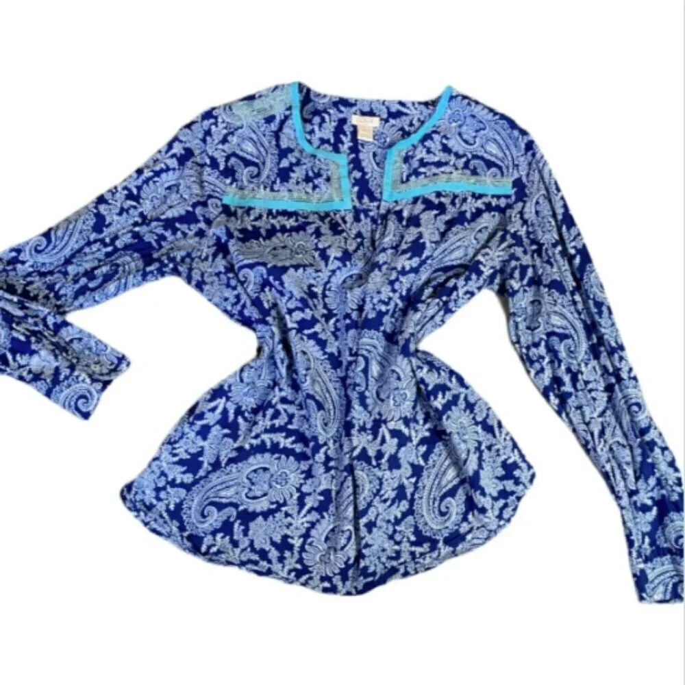 J Crew V-Neck Cotton Tunic‎ Top BOHO Paisley Embroidered S Blue #352J